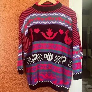 Vintage Women’s 80’s Neon Novelty Chicken Pattern Sweater- Size Large Petite